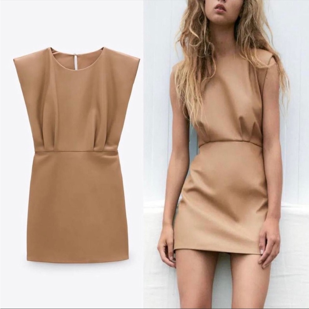 🍸❤️ Zara Structured BNWT Mini Dress | Camel/Tan | Size XSmall